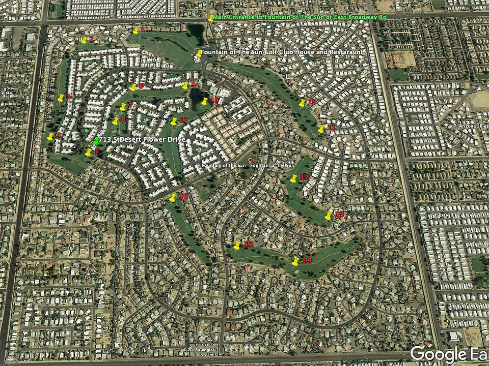 Location of 713 S Desert Flower Drive condo (green pin) within Fountain of the Sun, Mesa, Arizona
