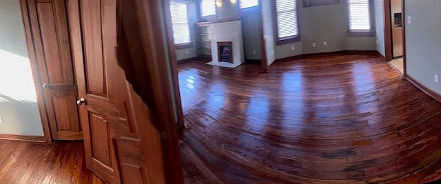 Dining room to living room, hallway on left