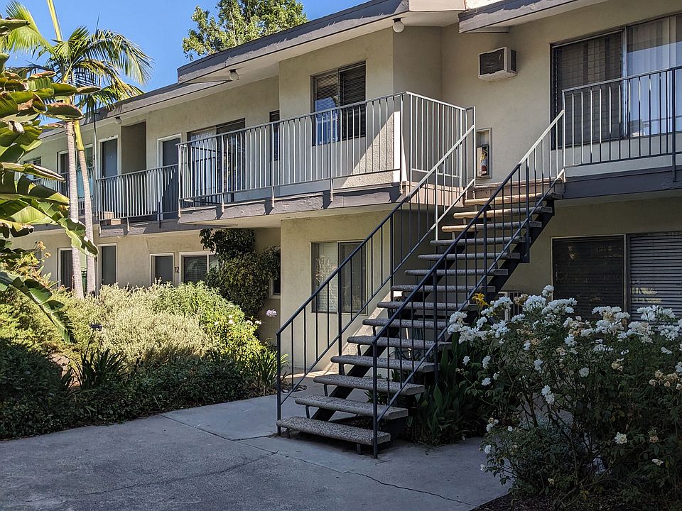 Innear courtyard stairway to second floor apartments at Los Robles in Pasadena, California.