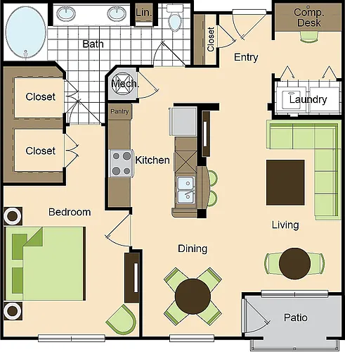 Floor plan One Bedroom One Bath (902 SF)
