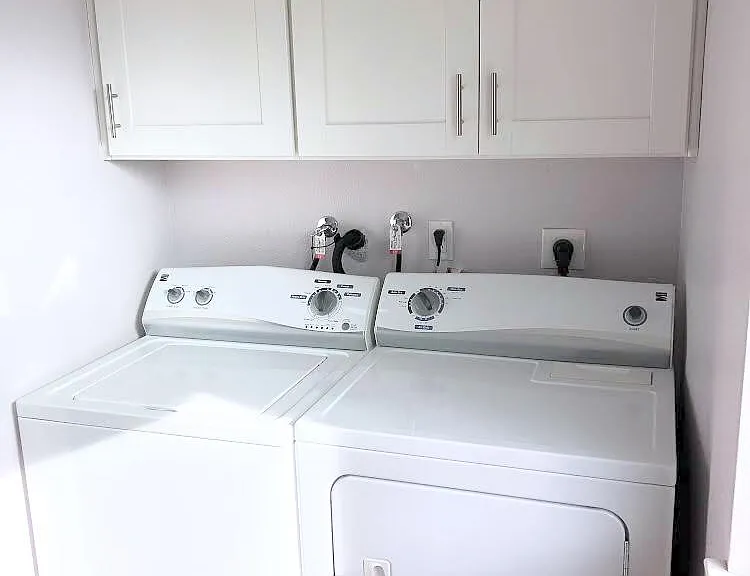washer, dryer and laundry shelves