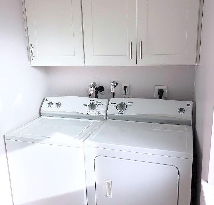 washer, dryer and laundry shelves