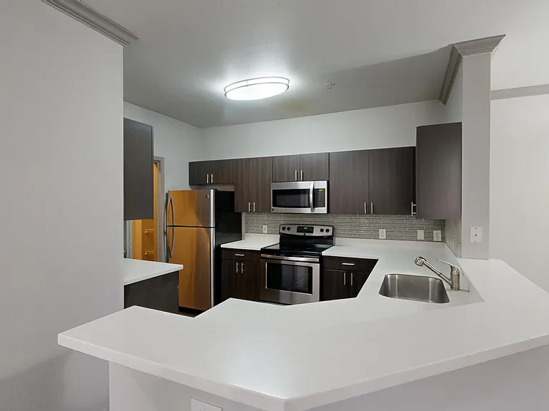 Apartment kitchen with stainless steel appliances, quartz countertops, and wood-style flooring.