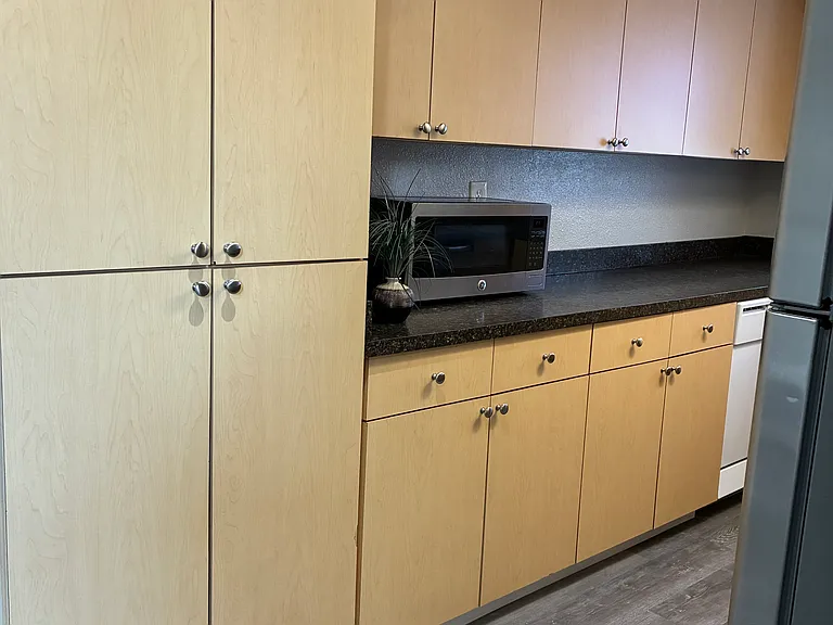 The kitchen features a built in pantry and plenty of storage space.