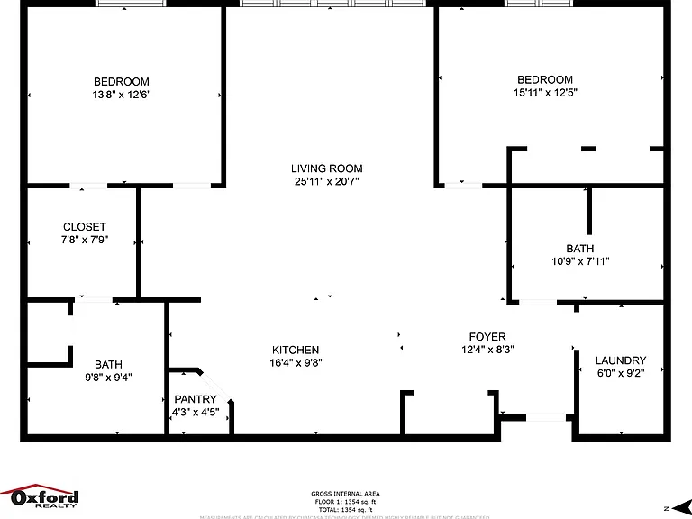Spacious floor plan by Oxford Realty featuring 2 large bedrooms, an expansive living room, and a modern kitchen. Includes two bathrooms, a laundry room, and pantry for convenient living in 1354 sq ft. Spacious floor plan by Oxford Realty featuring 2 large