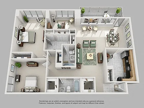 Floor plan 2 Bed, 2 Bath Den 1572 SF 2D2