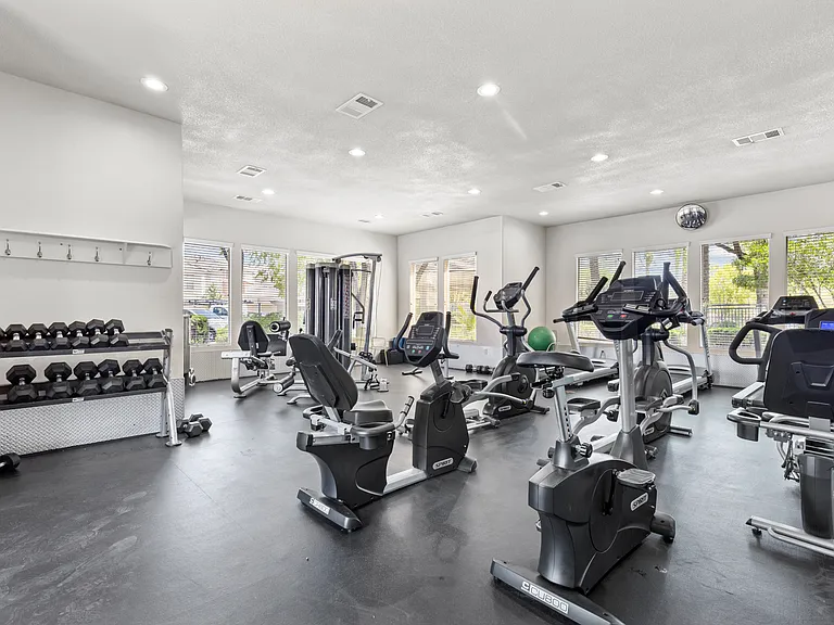 Large community gym, water fountain, and convenient bathrooms