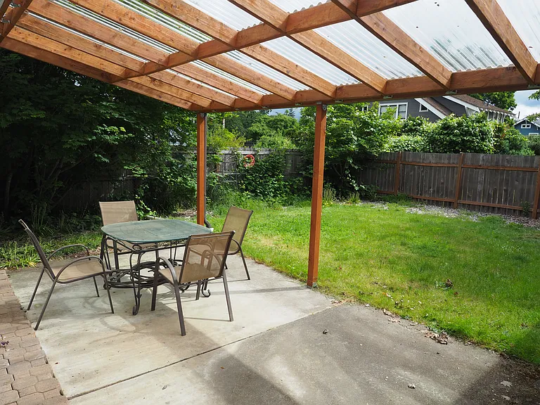 Covered patio in enclosed back yard, looking to the northeast.