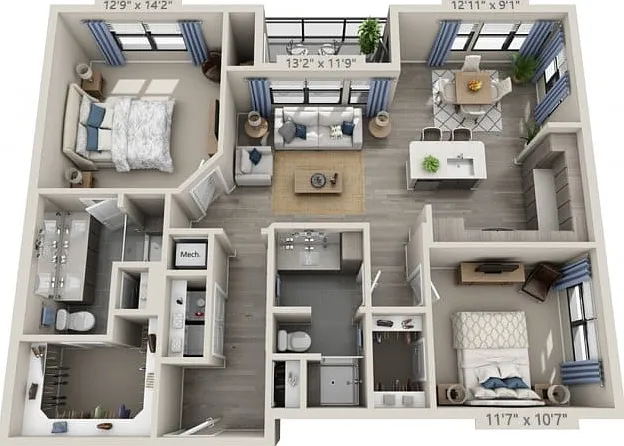 Floor plans are artist's rendering. All dimensions are approximate. Actual product and specifications may vary in dimension or detail. Not all features are available in every apartment. Prices and availability are subject to change. Floor plans are artist