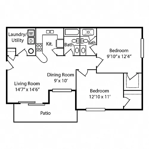 Floor plan 2 Bedroom, 2 Bath - 985SqFt