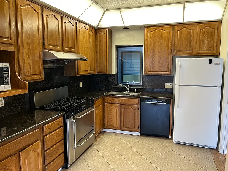 Bright kitchen with cabinets with dishwasher and microwave