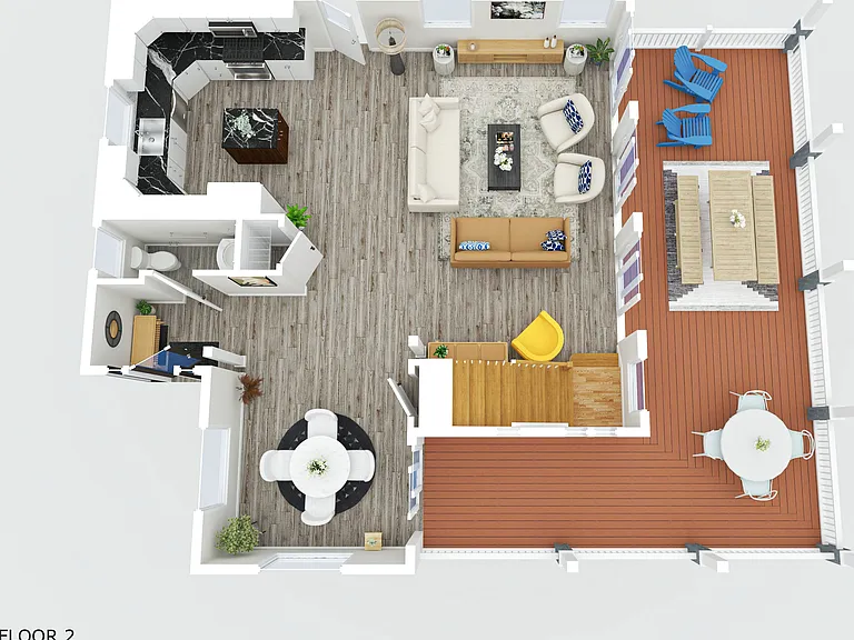 Kitchen, Dining and Living Areas with