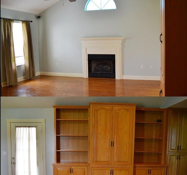Large family room with gas fireplace and built-ins