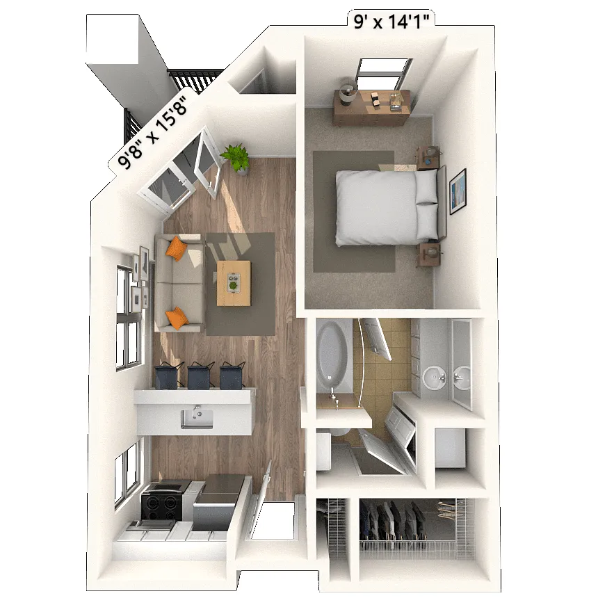 Floor plan Traditional 1x1 498-564 SF