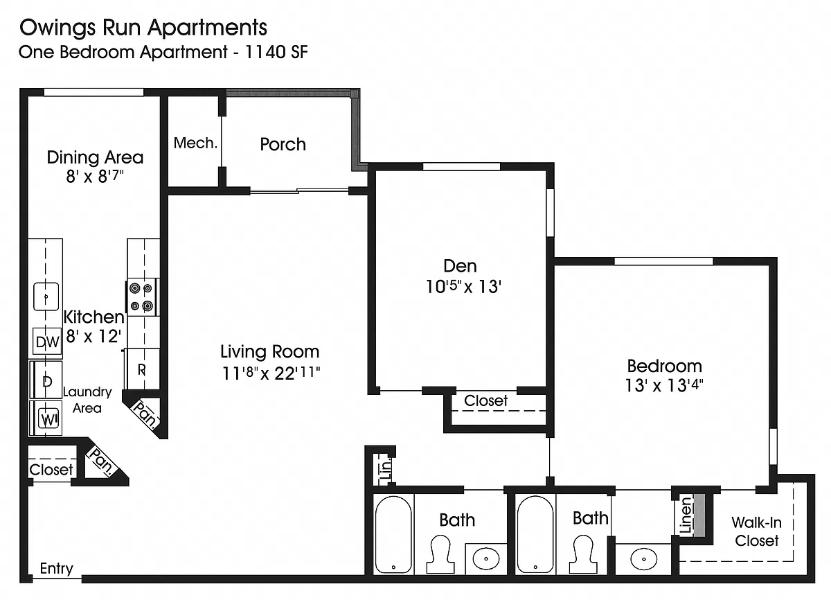 Floor plan 1BR 2BA w/Den (1040sf)