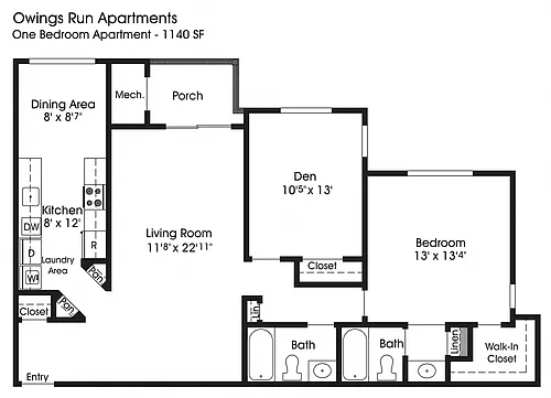 Floor plan 1BR 2BA w/Den (1040sf)