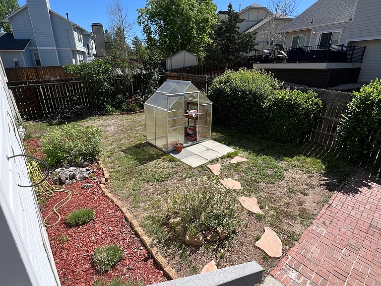 Backyard (view from deck- greenhouse to be removed)