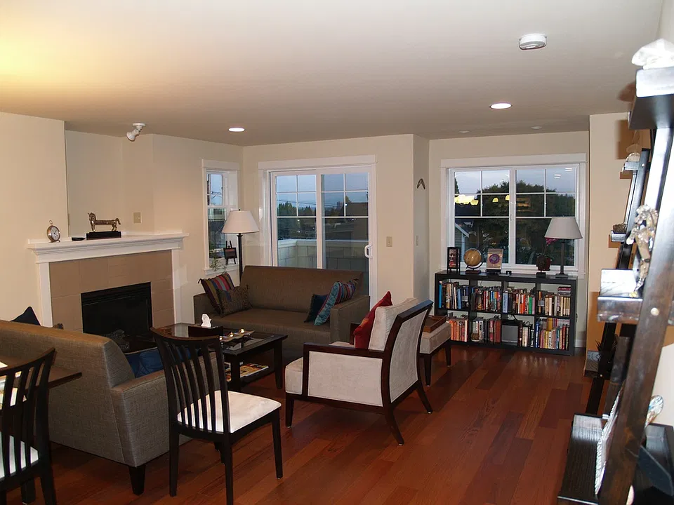 Beautiful hardwood floors and natural gas fireplace in living room