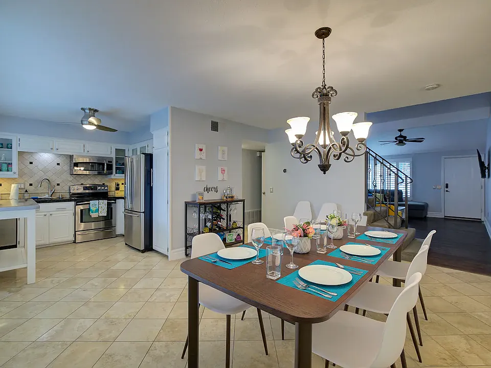 Large dining area. Table seats 8 people.
