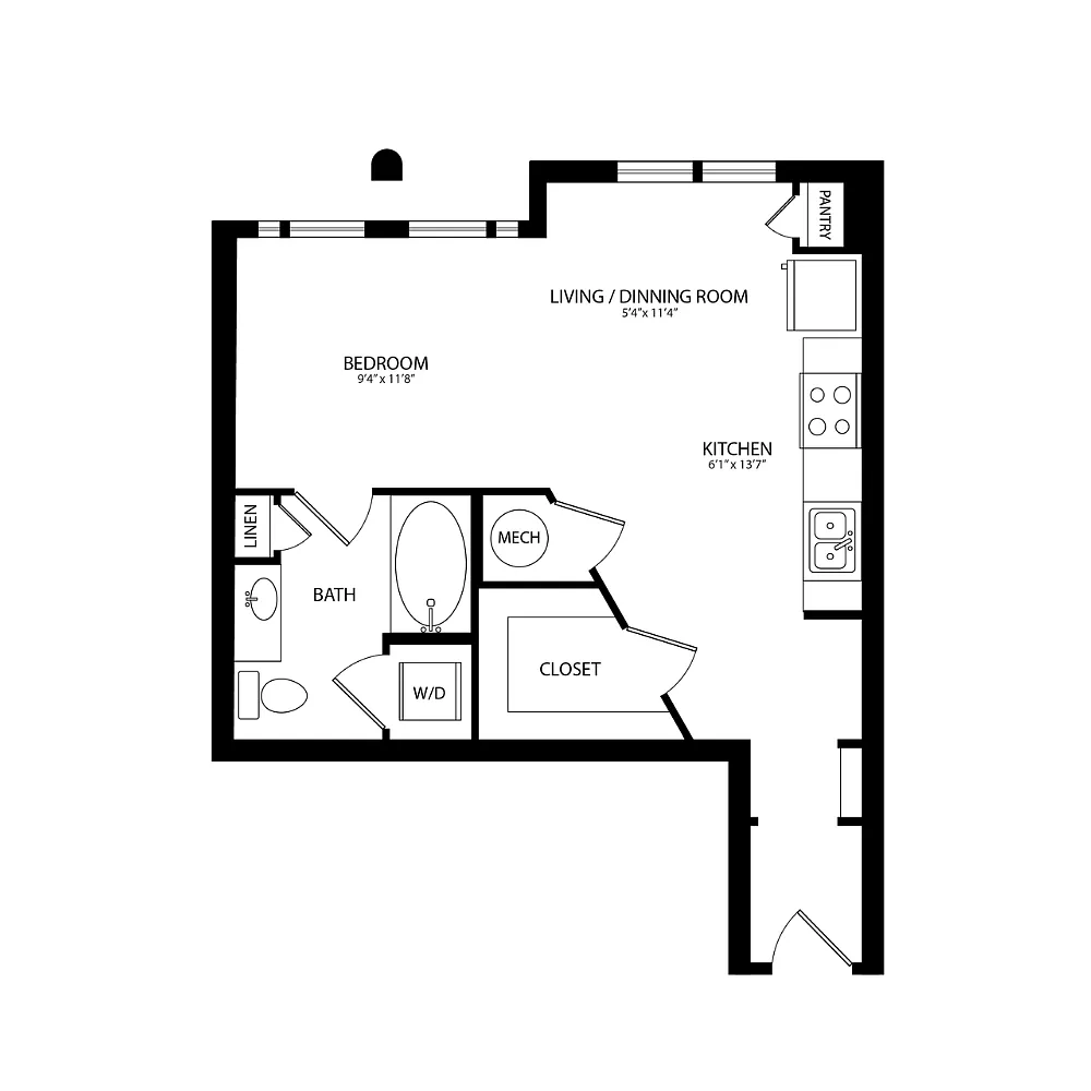 Floor plan Studio, 1 Bath 569 SF S2D