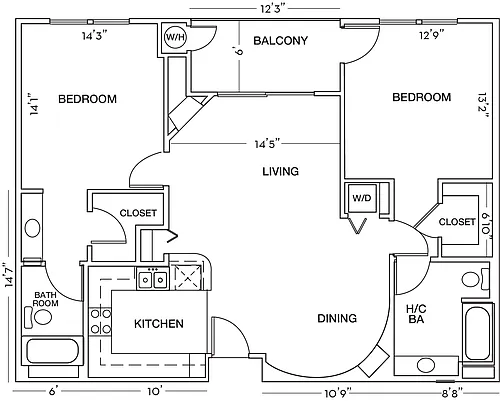 Floor plan 2 Bed 2 Bath Plan B