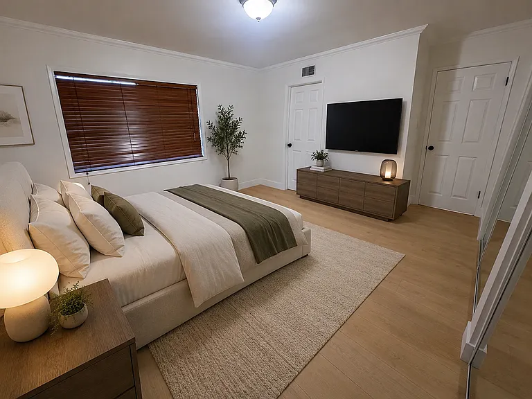 Master bedroom with private remodeled bathroom - Virtually staged