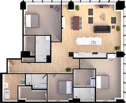 Floor plan Penthouse Suite Style PH-D - 3 Bedrooms 3 Baths