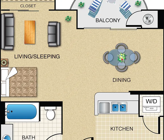Studio 1 Bath 568 Sq. Ft. Floorplan Diagram