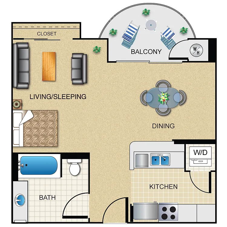 Floor plan Studio 1 Bath 568 Sq. Ft.