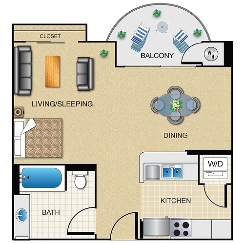 Floor plan Studio 1 Bath 568 Sq. Ft.