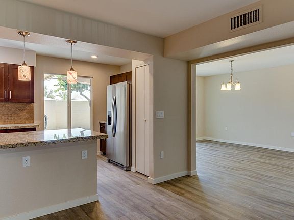 View into the kitchen and dining