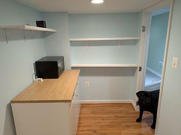 Other side of the kitchenette, showing cabinets, shelves, and countertop space, as well as a microwave. Also pictured is the landlord's dog, Jensie!