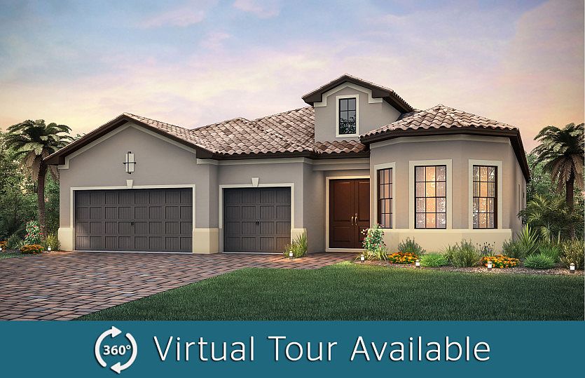 The Stonewater, a one-story family home with a 3 car garage, shown with Home Exterior FM2A