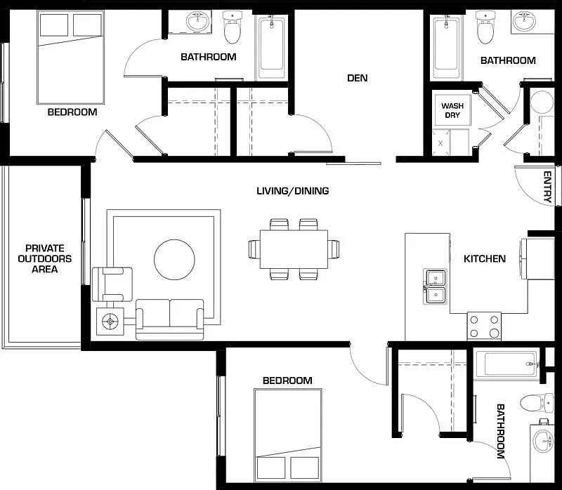 Floor plan Two Bed Three Bath + Den