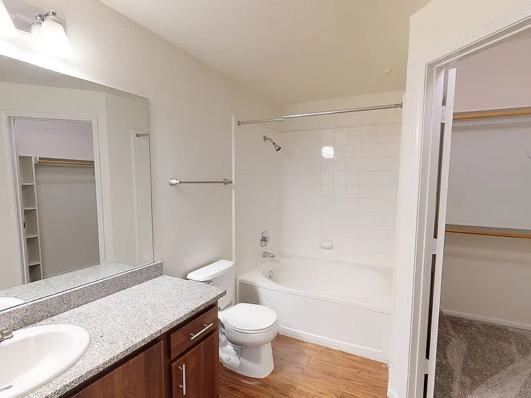 Apartment bathroom with wood-style flooring.