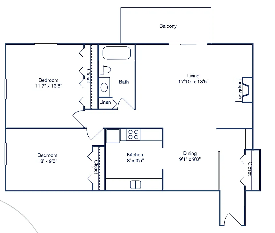 Floor plan 2 Bedroom, 1 Bath (920 sqft.)