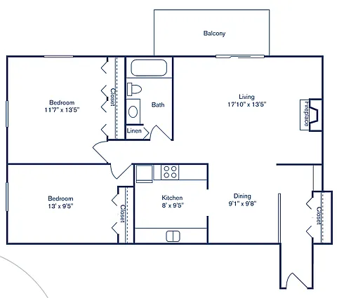 Floor plan 2 Bedroom, 1 Bath (920 sqft.)