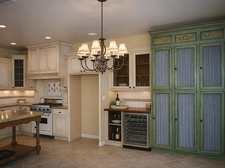 Spacious kitchen with center island, custom cabinetry, wine fridge, and ample storage