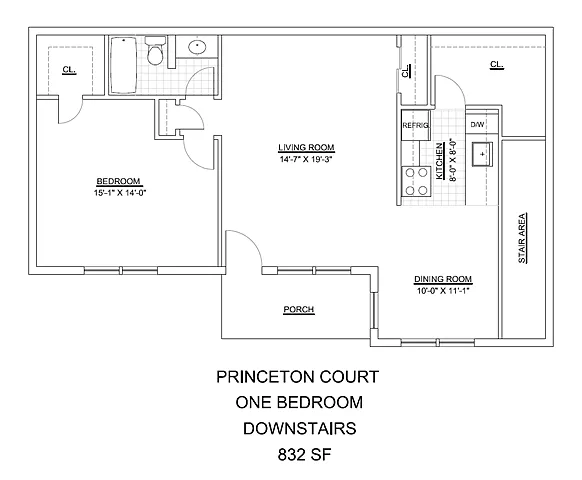 Floor plan Princeton Court- 1 Bed 1 Bath Downstairs