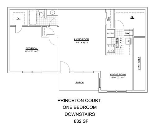 Floor plan Princeton Court- 1 Bed 1 Bath Downstairs