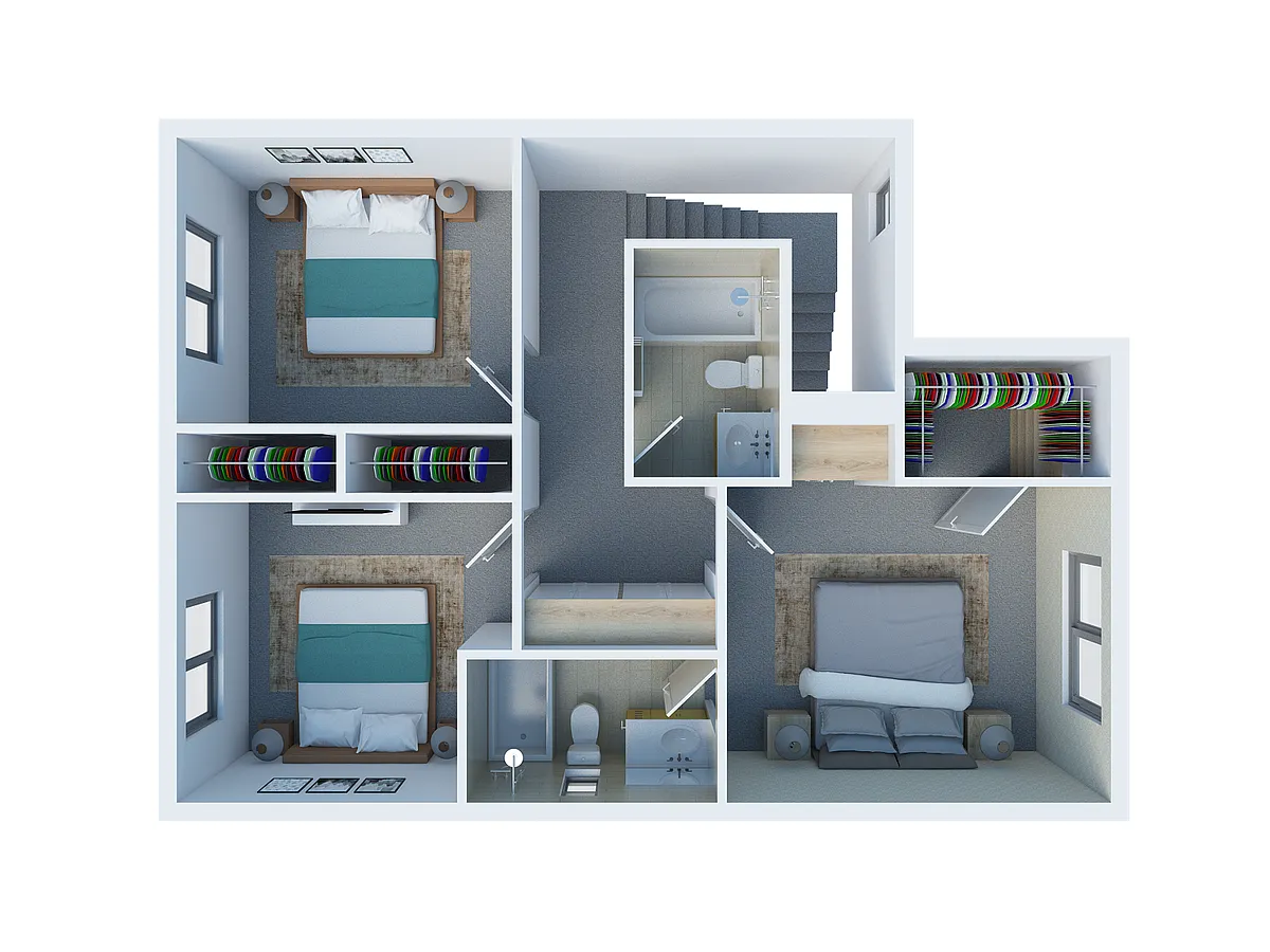 Floor plan Three Bedroom Two and a Half Bathroom 1,266 Sq Ft 