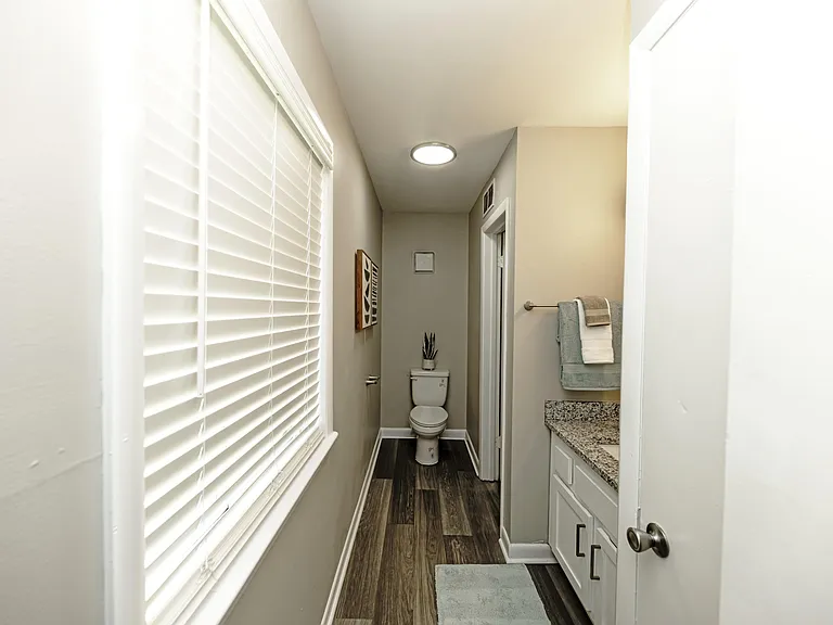 Bathroom with wood inspired flooring
