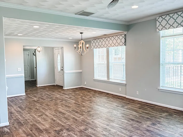 Front door and dining room.