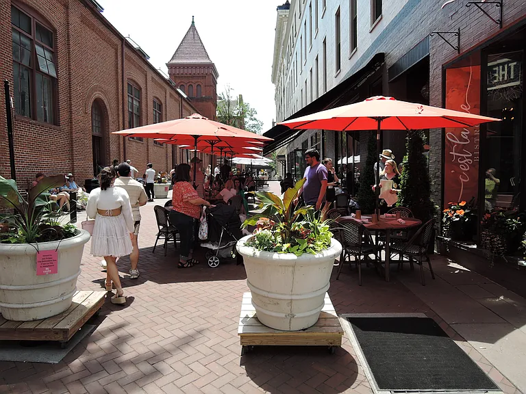 Outdoor dining at C'est La Vie Bistro, one block from apartment
