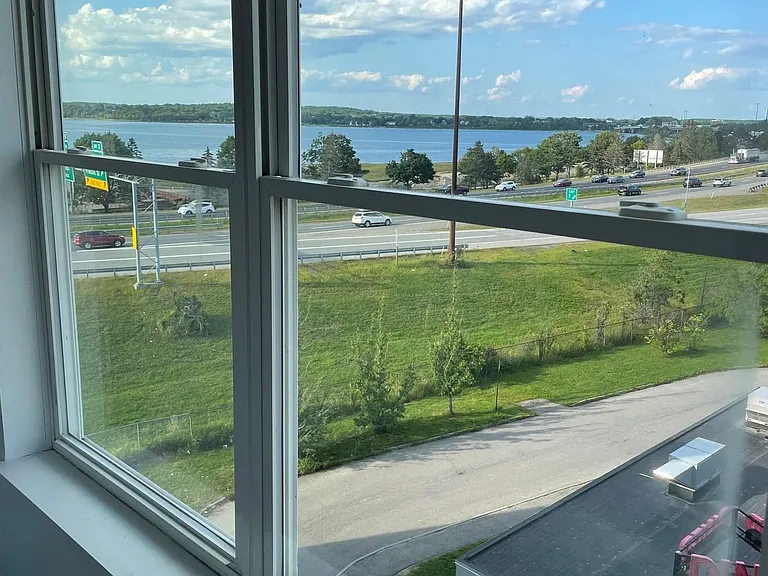 The Back Cove view from the living room window of apartment 425 - The Linden's special top floor, corner one-bedroom with amazing city and Back Cove views!
