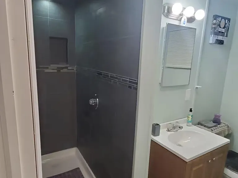Full bath with tiled walk-in shower, vanity sink, and overhead lighting for daily routines.