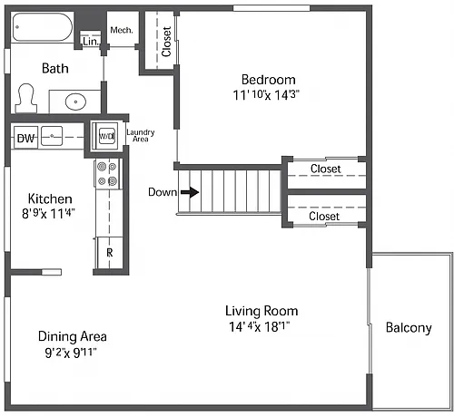 Floor plan 1BR 1BA (820sf)