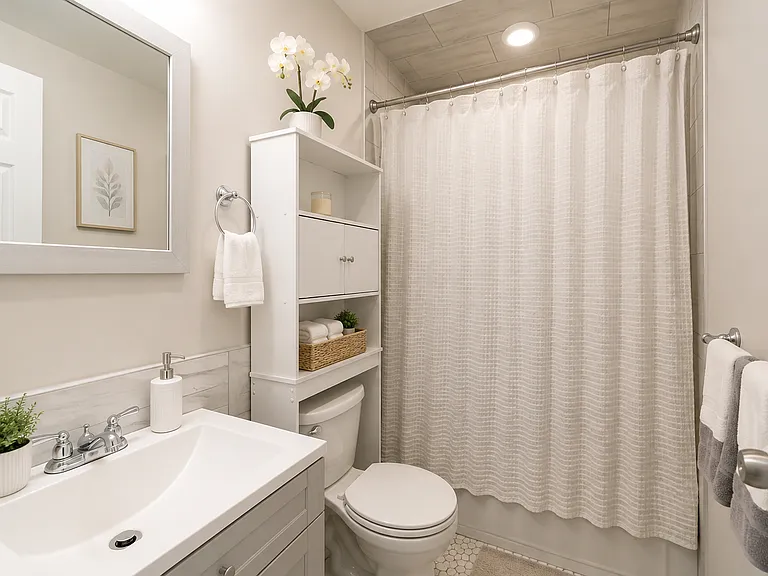 Clean, modern second full bathroom with tub and shower