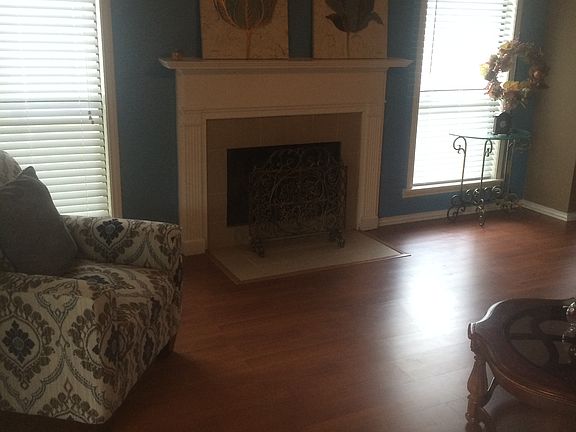 Den showing fireplace