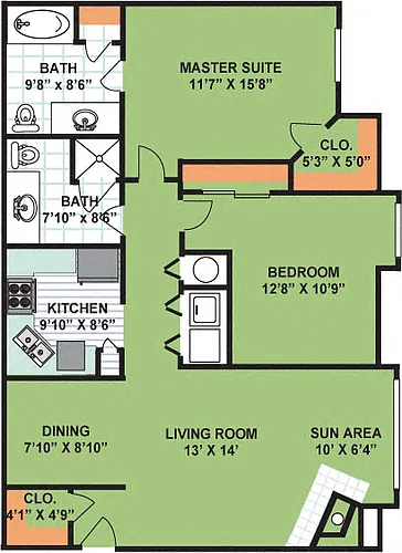 Floor plan Two Bedroom Two Bath (1,170 Square Feet)